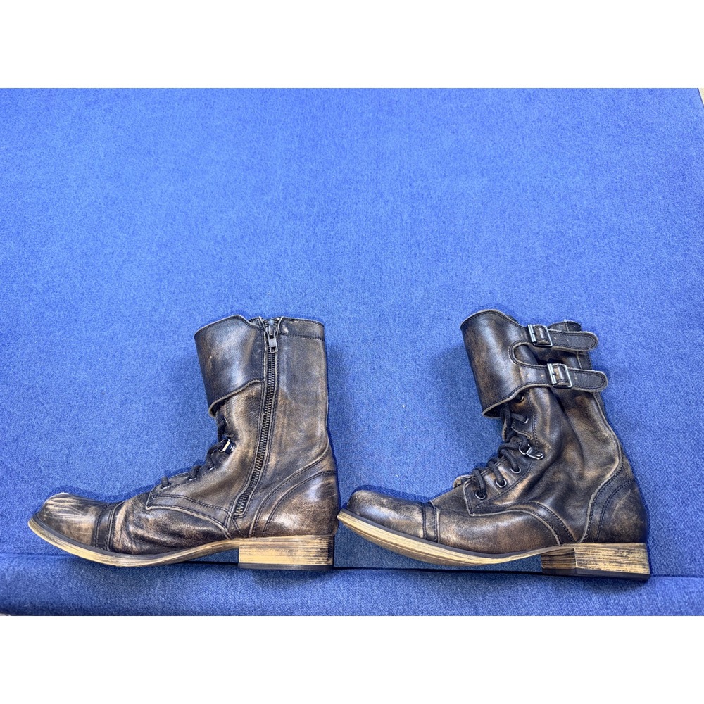 Aldo Distressed Brown Leather Combat Boots Mens 38 Buckle Strap Side Zip Boot